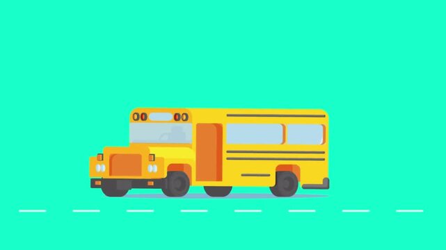 Yellow school bus moving along road isolated on green screen background flat cartoon animation.