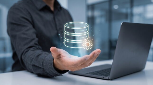 Businessman presenting database management system with laptop