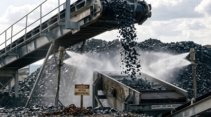 Fototapeta premium Industrial conveyor belt system transporting coal with water sprays for dust suppression in a mining facility