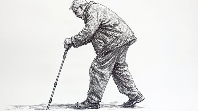 Aged man walks slowly with cane. Illustration shows a senior person with a walking stick in a black and white sketch
