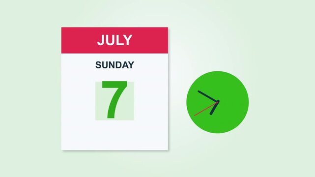 Calendar animation showing July 7th Sunday next to a simple clock icon, date reminder concept