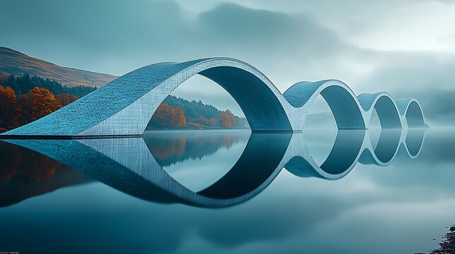 Serpentine Bridge over Misty Lake Landscape