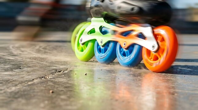 Close up of colorful inline skate wheels on pavement.