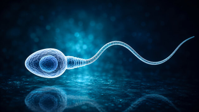 A 3D microscopic rendering of a single sperm cell glowing in blue light against a dark, bokeh background with a reflective surface below.