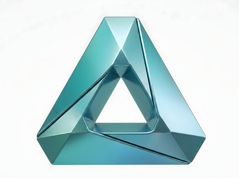 Cyan metallic impossible triangle object on white background, 3D geometric optical illusion art, teal crystalline Penrose triangle sculpture