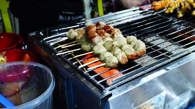 Meatball Skewers Grilling Over Hot Coals