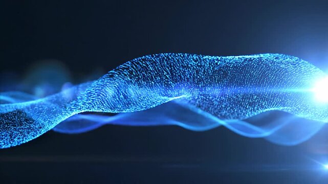 Abstract glowing blue wave particles with light flare on dark background for technology and digital concept