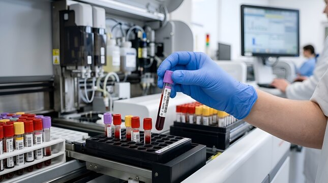 Scientist holding blood sample tube in medical laboratory for analysis