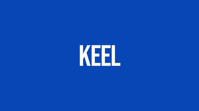 Animated white KEEL text appears on a vivid blue background, representing the central structural part of a boat for sailing, shipbuilding, and marine engineering.