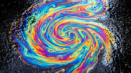 Fototapeta premium Iridescent Oil Slick Swirl: A mesmerizing close-up showcases the vibrant, swirling colors of an oil slick, forming an abstract, iridescent pattern on a dark, wet surface.