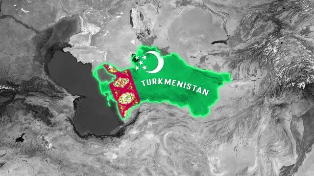 3D Dark Satellite Map Animation Highlighting Turkmenistan with Glowing Green Border and National Flag Overlay
