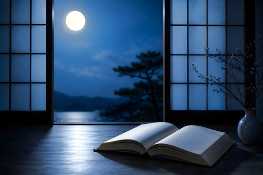 Elegant Moonlight Reading Scene with Open Book
