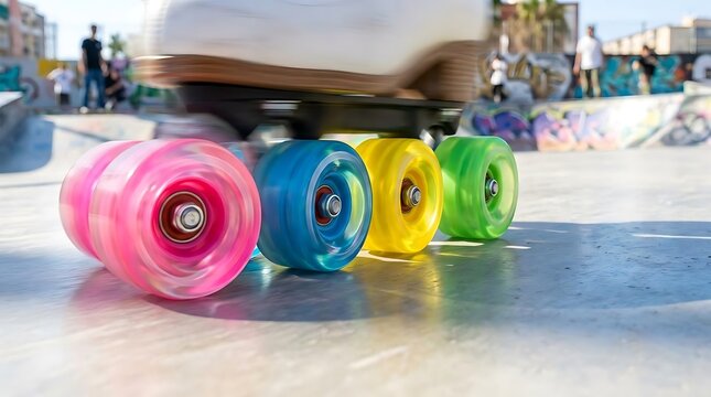 Close up of colorful roller skate wheels moving