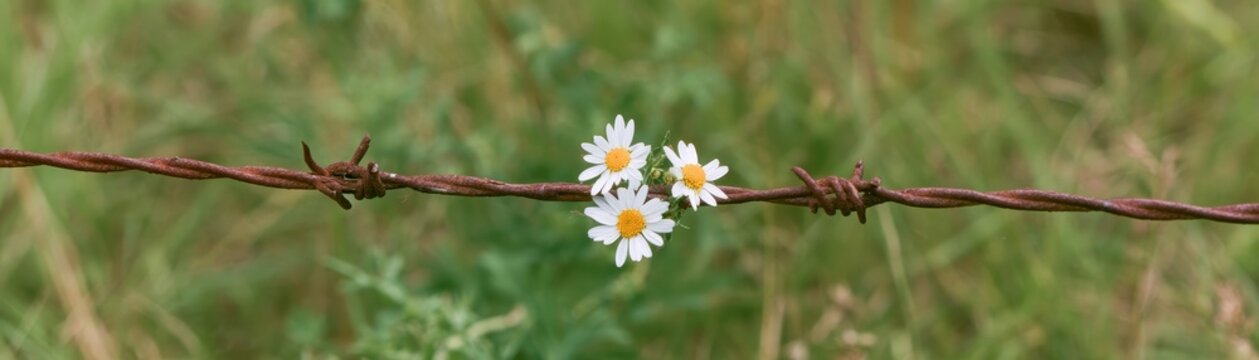 Delicate white chamomile flowers growing through a rusty barbed wire fence outdoors