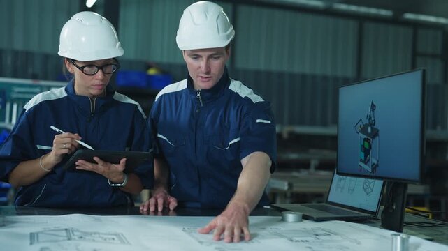 Male supervisor advising female engineer on an automated production line. Showing professional leadership and development strategy in industry.