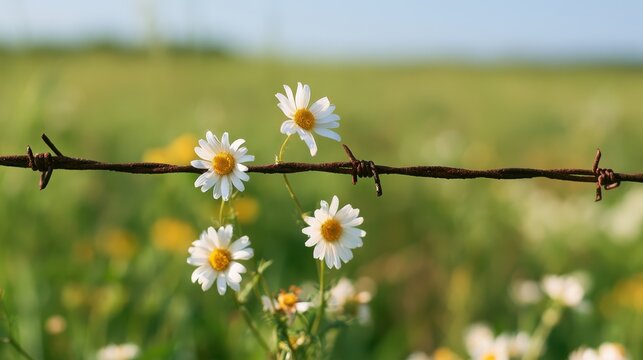 White daisies blooming near a rusty barbed wire fence in a green meadow