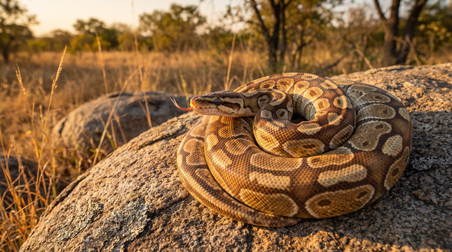 Python snake coiled on a rock in the savannah during sunset  