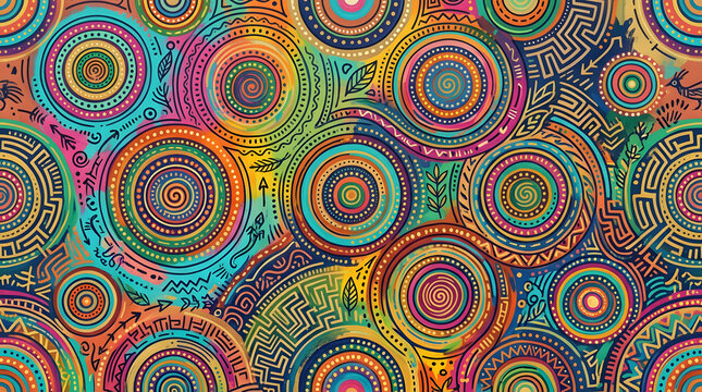 A vibrant and intricate seamless pattern featuring numerous concentric circles filled with diverse abstract and tribal-inspired designs in a rich palette of blues, greens, oranges, and purples.