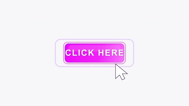 Animated click here button with cursor pointer hovering and clicking, digital interface element, call to action