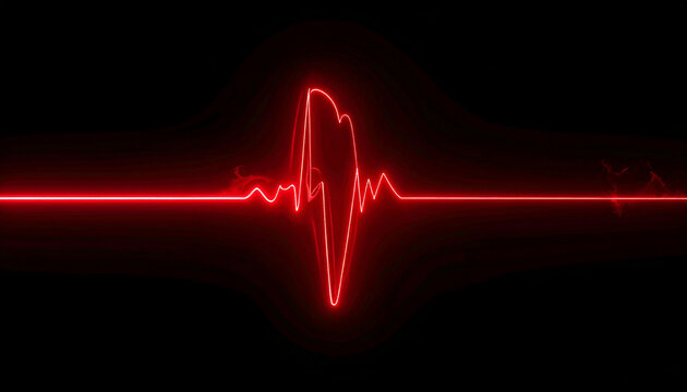 Glowing red heartbeat line on black background, medical concept of life, health, and pulse, digital illustration
