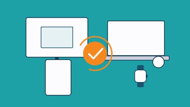 Email confirmation animation with check mark icon, responsive website displayed on multiple digital devices, technology concept