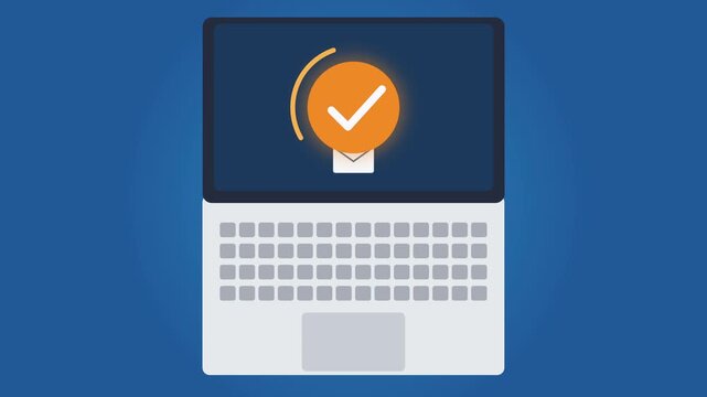 Animation of email notification with orange check mark inside opened laptop screen, blue background, flat design