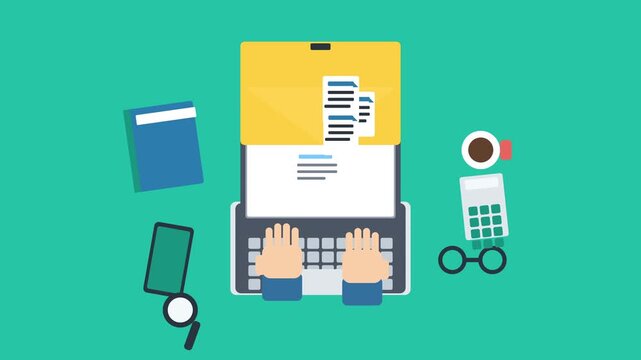 Animated envelope with documents and businessman typing on laptop, business concept, flat design, motion graphic loop