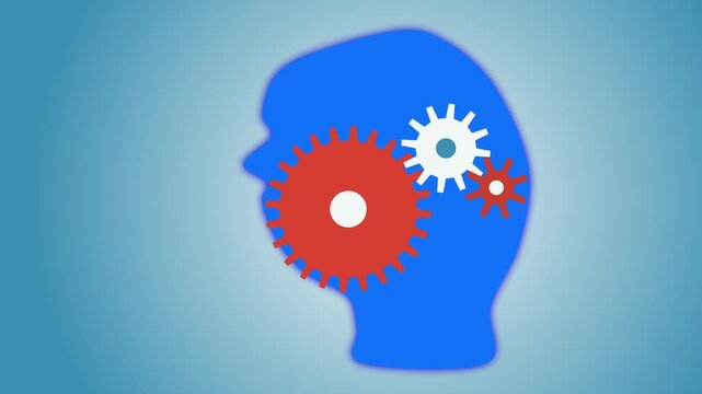 Endorphin concept animation gears turning inside blue human head silhouette, motion graphic