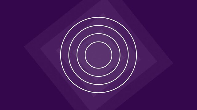 White concentric radar rings with film grain rotating continuously and twitching with RGB chromatic split on purple gold duotone loop