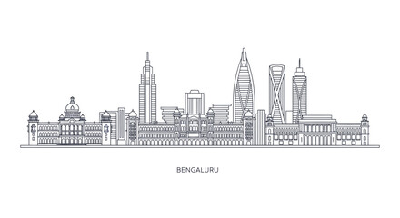 Naklejka premium Bengaluru Skyline Illustration: Iconic Buildings Silhouette, India Cityscape