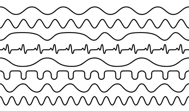 Modern seamless wavy zigzag border vector set with fluid line art wave patterns and repeating modular tech ribbon designs