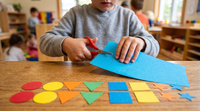Child cutting geometric shapes from colorful paper in classroom setting with various cutouts laid on table.