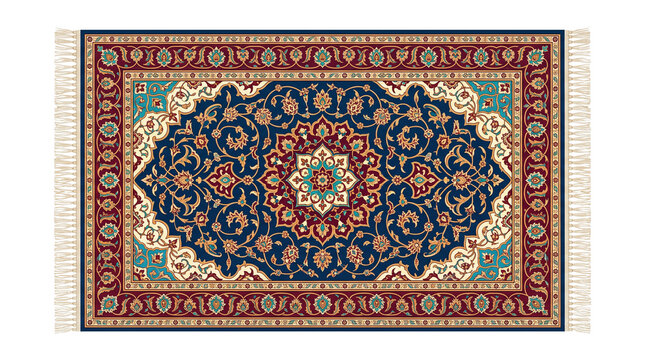 Traditional Persian rug with intricate floral patterns, vintage oriental carpet in red and blue, ornate textile floor covering with fringe