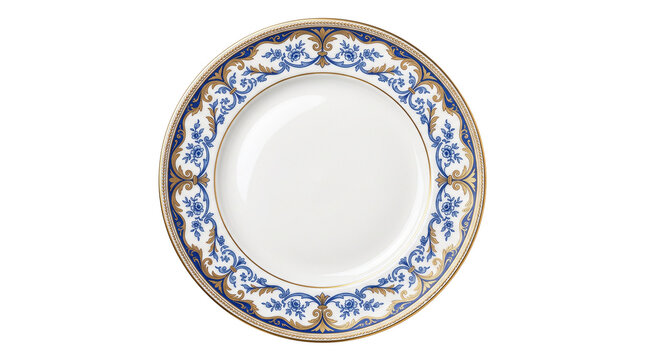 Vintage porcelain plate with blue floral pattern, elegant ceramic dinnerware with gold rim, ornate decorative china dish for fine dining