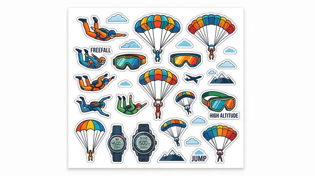 Skydiving and Paragliding Elements: A collection of illustrations featuring skydivers in mid-air, colorful parachutes, goggles, altimeters, and mountainous scenery.