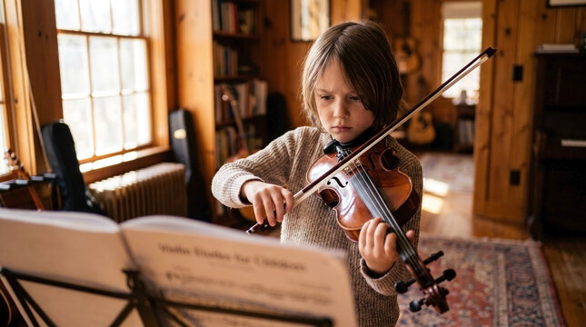 Child practicing violin in cozy wooden room with sheet music and strings. Young musician focuses on bowing technique with dedication in warm atmosphere.