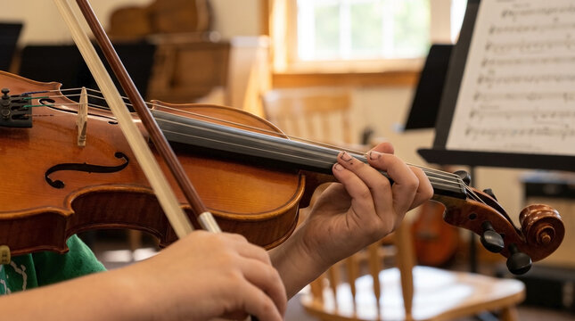 Child practicing with violin bow on strings with focused hands in a warm setting. Music lesson includes concentration on technique with hands positioned carefully on the instrument.