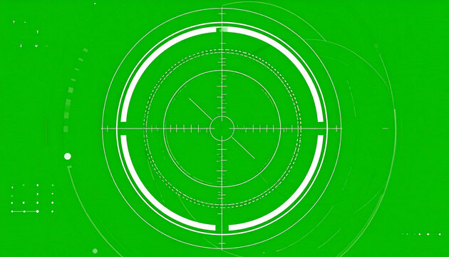Futuristic Digital HUD Display with Crosshair Targeting System and Data Overlays on a Green Screen Background for Sci-Fi and Technology Concepts