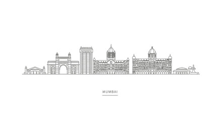 Obraz premium Mumbai Skyline Outline Icon, Gateway of India, Architecture, Cityscape, Landmark Vector Art