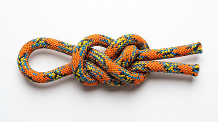 Naklejka premium Figure eight knot, colorful climbing rope on white background. Strong figure eight knot provides safety for outdoor activities, securing equipment. Ideal figure eight knot image for hobby instruction,