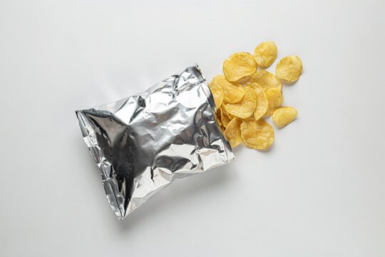 Potato chips pouring from a foil bag isolated on white background. Snack food.