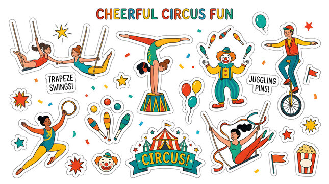 Circus Celebration of Fun: A vibrant collection of cheerful circus acts and performers, including trapeze artists, acrobats, jugglers, and unicyclists.