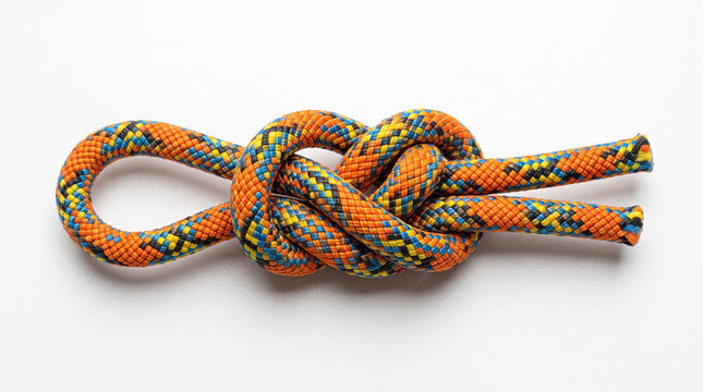 Figure eight knot, colorful climbing rope on white background. Strong figure eight knot provides safety for outdoor activities, securing equipment. Ideal figure eight knot image for hobby instruction,