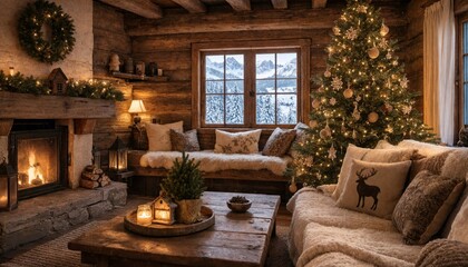 Fototapeta premium Cozy Christmas living room with fireplace, decorated tree and snowy mountain view