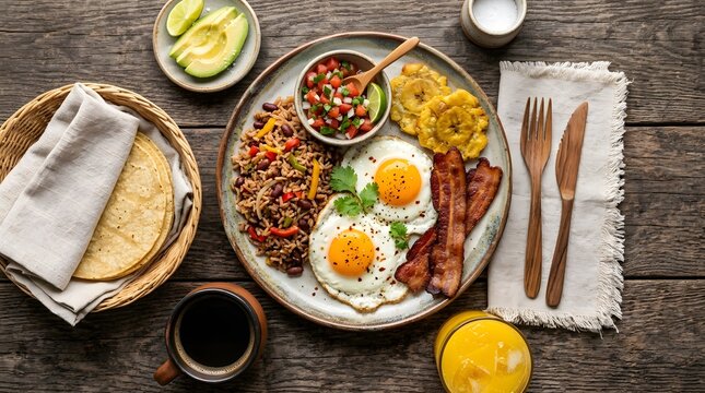 Overhead view of a traditional Latin American breakfast featuring fried eggs, crispy bacon, rice and beans, fried plantains, pico de gallo, tortillas, avocado, coffee, and orange juice.