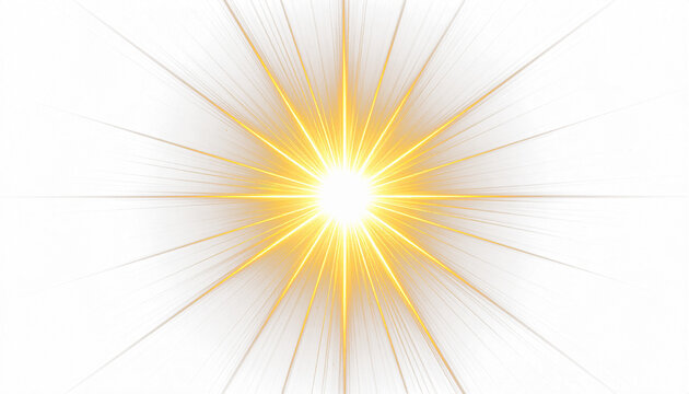 A powerful burst of golden light radiating outward from a single central point, sharp rays of varying length creating a starburst pattern, isolated on transparent background.