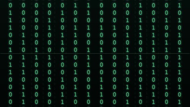 Animation of glowing green binary code with glitch effect, digital data stream, technology concept