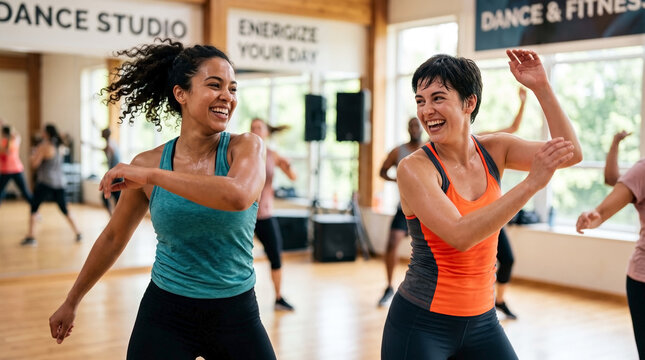 Women enjoying dance fitness class workout with energetic movements in bright studio. Engaging dance fitness class energizes participants with rhythmic music and lively atmosphere.