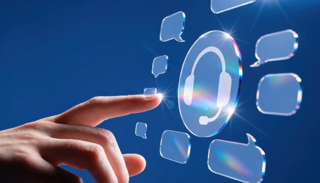 A hand interacts with a digital interface featuring a glowing headset icon, symbolizing virtual customer support or communication technology.