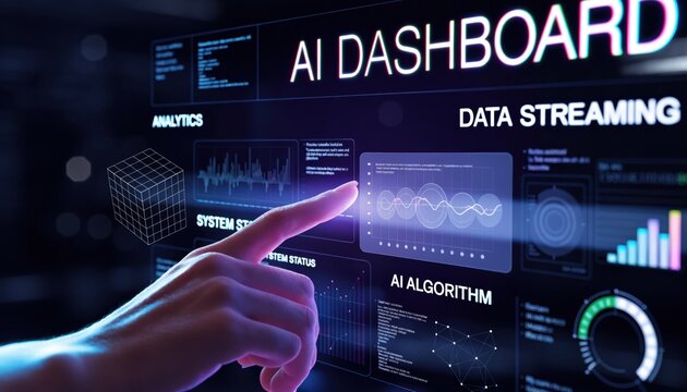 A hand interacts with a futuristic AI dashboard displaying analytics, system status, data streaming, and algorithm visuals on a digital interface.
